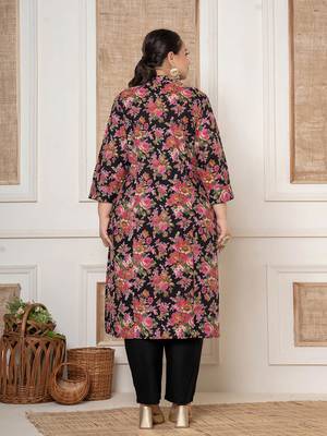  black floral print cotton plus size kurta and pant with dupatta set 3