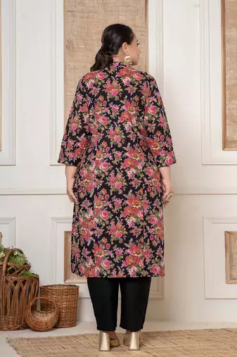  black floral print cotton plus size kurta and pant with dupatta set