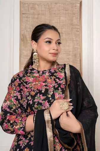  black floral print cotton plus size kurta and pant with dupatta set