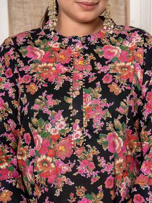  black floral print cotton plus size kurta and pant with dupatta set 5