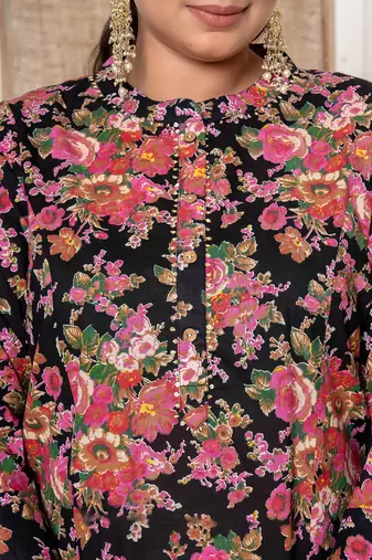  black floral print cotton plus size kurta and pant with dupatta set