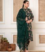 Yufta green kantha work cotton plus size kurta and pant with dupatta set