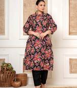  black kantha work cotton plus size kurta and pant set