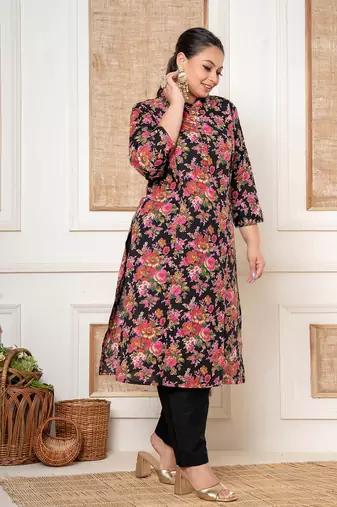  black kantha work cotton plus size kurta and pant set