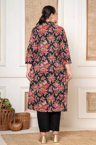  black kantha work cotton plus size kurta and pant set