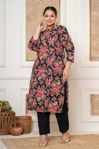  black kantha work cotton plus size kurta and pant set