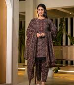  black pure cotton paisley print pakistani style kurta and trousers with dupatta set