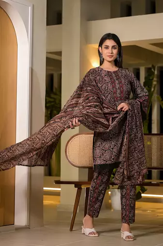  black pure cotton paisley print pakistani style kurta and trousers with dupatta set