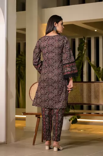  black pure cotton paisley print pakistani style kurta and trousers with dupatta set