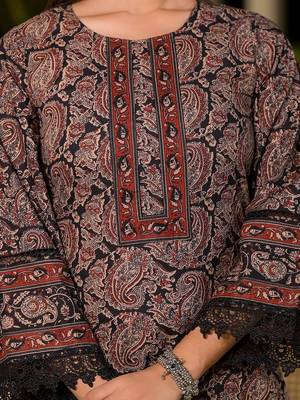  black pure cotton paisley print pakistani style kurta and trousers with dupatta set 4