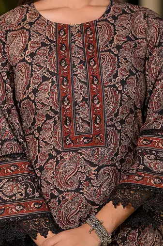  black pure cotton paisley print pakistani style kurta and trousers with dupatta set