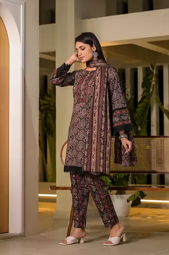  black pure cotton paisley print pakistani style kurta and trousers with dupatta set