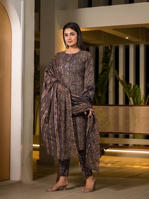  olive pure cotton paisley print pakistani style kurta and trousers with dupatta set 1