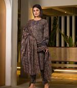 olive pure cotton paisley print pakistani style kurta and trousers with dupatta set