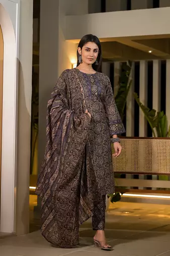  olive pure cotton paisley print pakistani style kurta and trousers with dupatta set