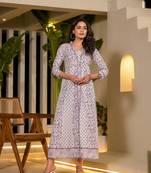  purple floral print kantha work a-line dress