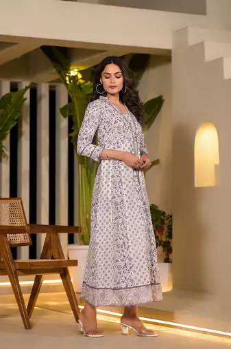  purple floral print kantha work a-line dress