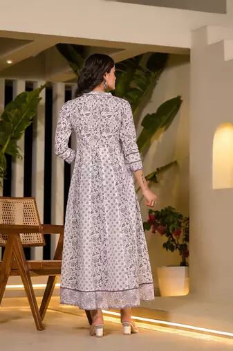  purple floral print kantha work a-line dress