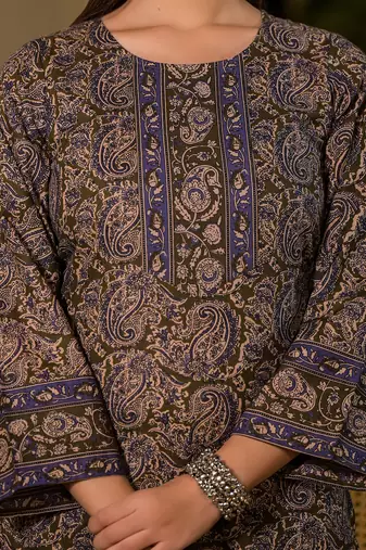  olive pure cotton paisley print pakistani style kurta and trousers with dupatta set