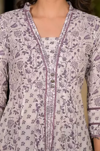  purple floral print kantha work a-line dress
