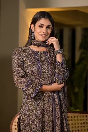  olive pure cotton paisley print pakistani style kurta and trousers with dupatta set