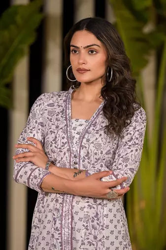  purple floral print kantha work a-line dress