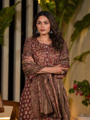 Yufta maroon ethnic motifs pure cotton a-line kurta with trousers and dupatta set 1