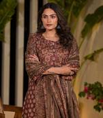 Yufta maroon ethnic motifs pure cotton a-line kurta with trousers and dupatta set