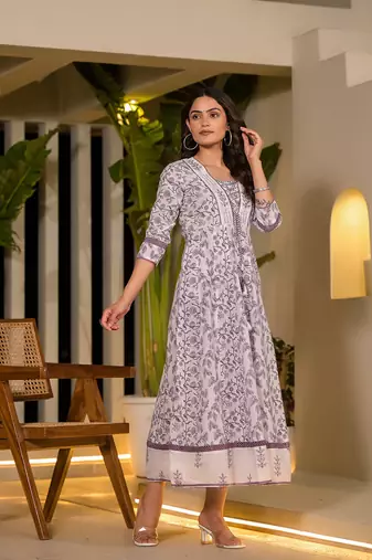  purple floral print kantha work a-line dori work dress