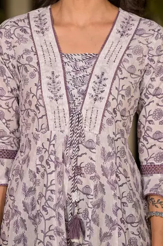 purple floral print kantha work a-line dori work dress