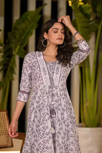  purple floral print kantha work a-line dori work dress