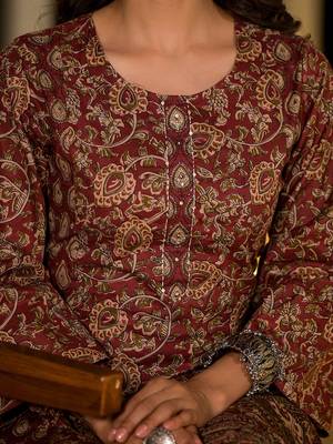 Yufta maroon ethnic motifs pure cotton a-line kurta with trousers and dupatta set 4