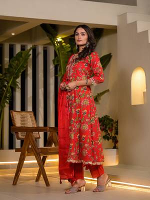  red dori embroidery voile anarkali kurta with trousers with dupatta set 2