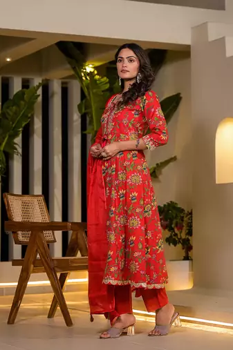  red dori embroidery voile anarkali kurta with trousers with dupatta set
