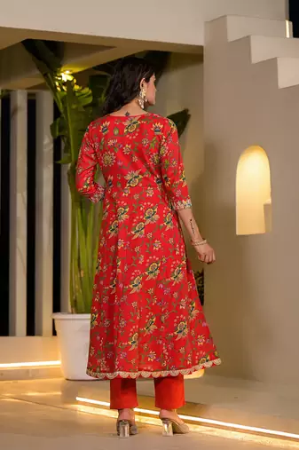  red dori embroidery voile anarkali kurta with trousers with dupatta set