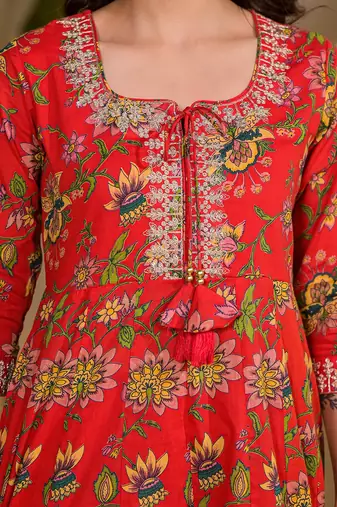  red dori embroidery voile anarkali kurta with trousers with dupatta set
