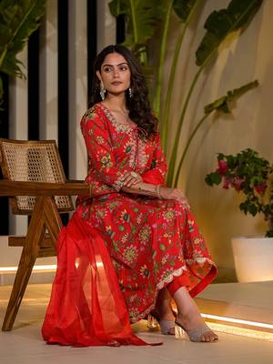 red dori embroidery voile anarkali kurta with trousers with dupatta set 5