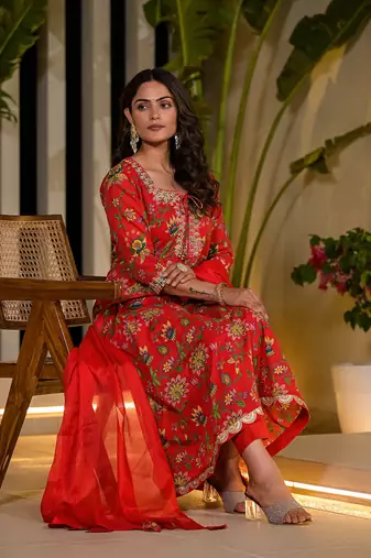  red dori embroidery voile anarkali kurta with trousers with dupatta set