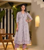  purple floral print a-line kurta and trouser set
