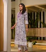  purple resham embroidery cotton straight kurta with trouser set