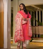  peach cotton straight embroidered on yoke kurta with trousers and dupatta set