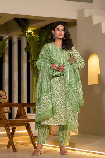 green leaf print piping on yoke straight kurta with trousers and dupatta set