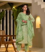 green leaf print piping on yoke straight kurta with trousers and dupatta set