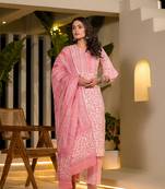  pink leaf print piping on yoke straight kurta with trousers and dupatta set