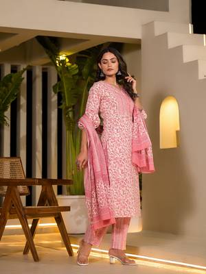  pink leaf print piping on yoke straight kurta with trousers and dupatta set 2