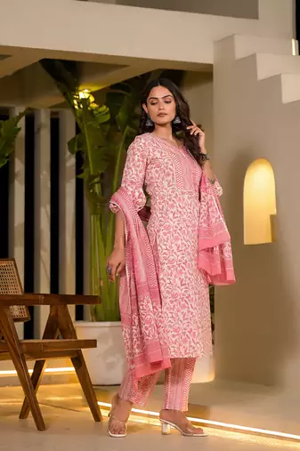  pink leaf print piping on yoke straight kurta with trousers and dupatta set
