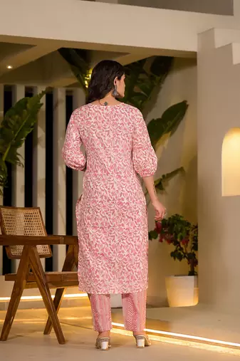  pink leaf print piping on yoke straight kurta with trousers and dupatta set