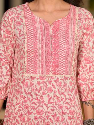  pink leaf print piping on yoke straight kurta with trousers and dupatta set 4