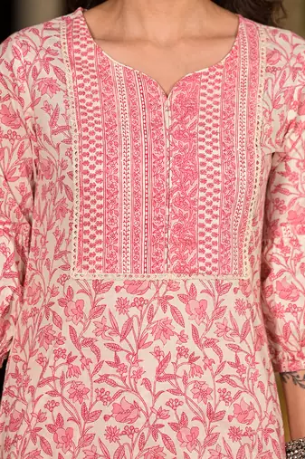  pink leaf print piping on yoke straight kurta with trousers and dupatta set