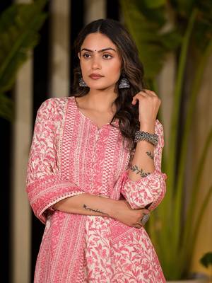  pink leaf print piping on yoke straight kurta with trousers and dupatta set 5